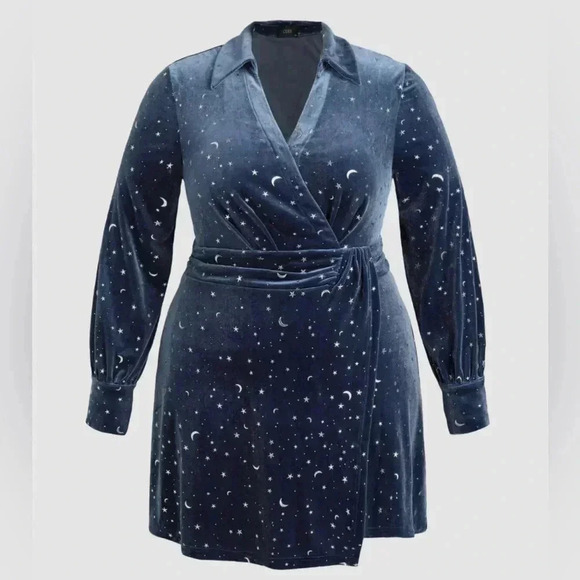 Cider Curve Blue Velvet V-Neck Star & Moon Long Sleeve Mini Dress Plus Size 4XL - Picture 1 of 13